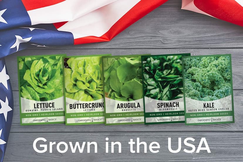 Gardeners Basics Lettuce and Greens Heirloom Vegetable Seed Non-GMO Seeds for Planting Indoors and Outdoor - Lettuce Buttercrunch, Romaine, Arugula, Kale and Spinach, Pack of 5