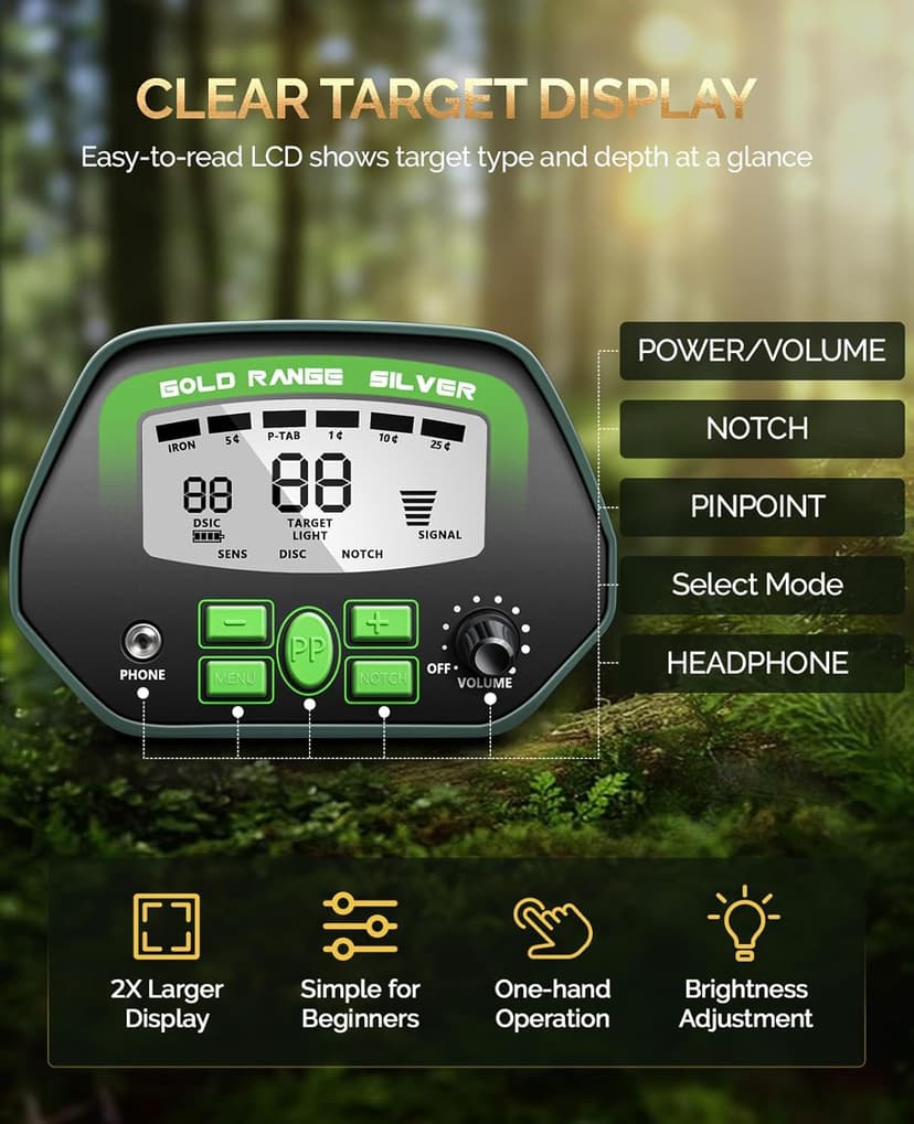 Metal Detector for Adults Professional - IP68 Waterproof Metal Detector, High Accuracy, A-M, Disc, Notch & Pinpoint Modes, Bigger LCD Display, 10” Waterproof Search Coil, New Advanced DSP Chip