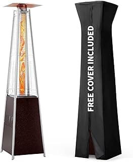 Pamapic Patio Heater, 48,000 BTU Pyramid Flame Outdoor Heater with Cover, Quartz Glass Tube Hammered Bronze Tower Propane Outdoor Heater with Wheels