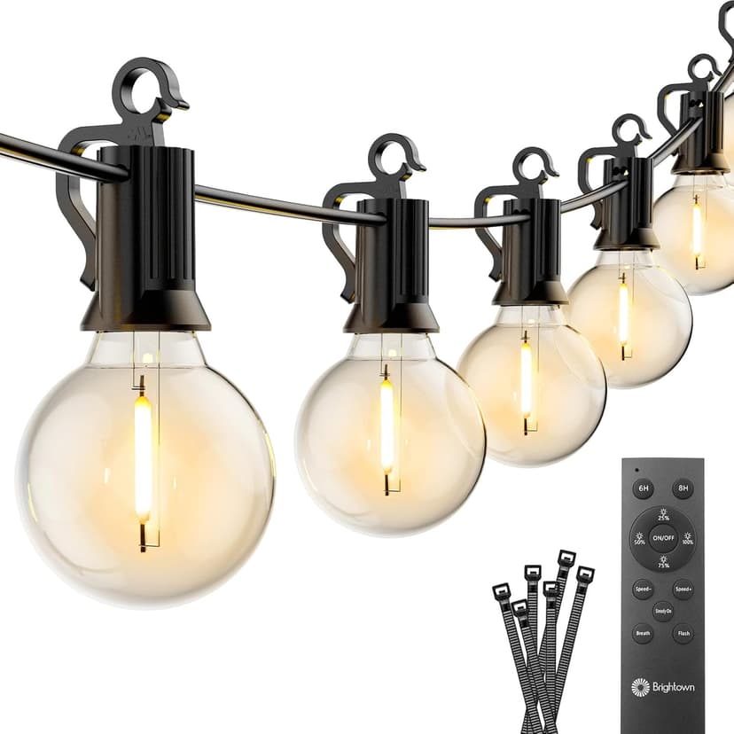 Brightown 38Ft Outdoor String Lights with Remote & 15 Shatterproof LED Bulbs - Waterproof Patio Hanging Lights for Porch Balcony Bistro Cafe