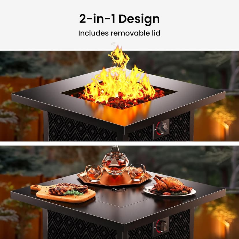 Ciays Propane Fire Pit, 28” Gas Fire Pit with Texteline Pattern, 50,000 BTU Steel Firepit for Patio, Garden, & Backyard, 2-in-1 Firepit with Removable Lid, CSA-Certified, Black
