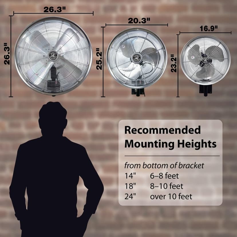 Hydromist Oscillating Wall Mounted Outdoor-Rated Fan, 3-Speed Cord Control, Hard Resin Fan Blade with Mounting Bracket and Black Cover, 18”, Metallic Silver