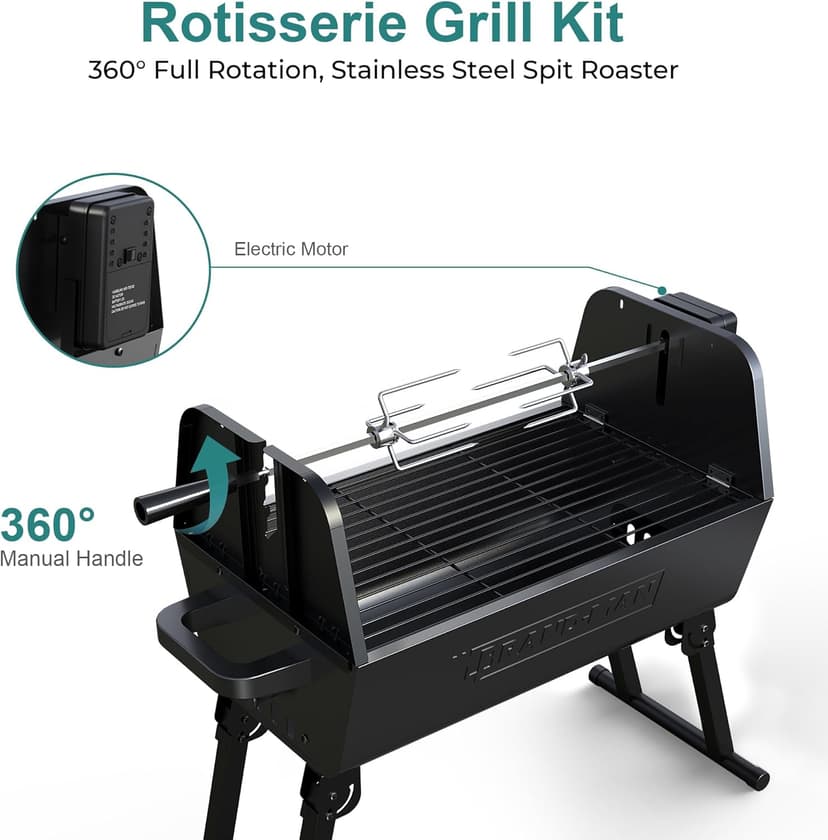 Brand-Man portable Charcoal Grill with Motor, 2-in-1 Adjustable Spit Roaster & BBQ Grill for Camping, Tailgating, Backyard, & Outdoor Cooking, Foldable Legs & dual side vents