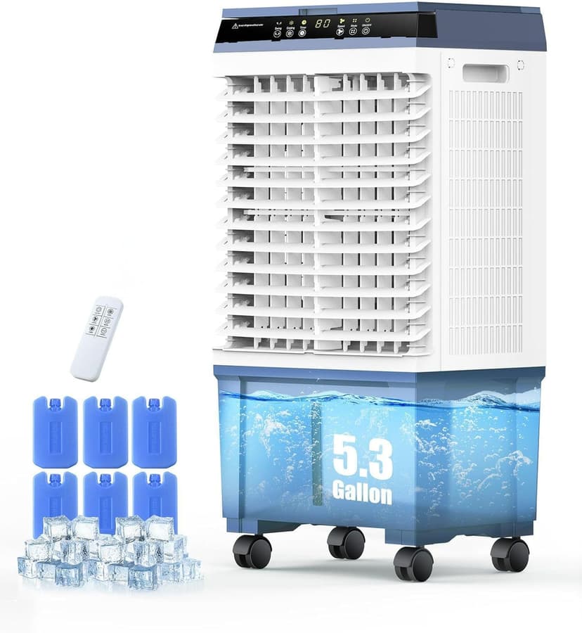 Air Choice Swamp Cooler, 1800 CFM Portable Evaporative Air Cooler with 6 Ice Box & 5.3 Gal Water Tank, 110° Swing, 3 Speeds, Upgraded Remote, 12H Timer, 3-in-1 Air Cooling Fan for Outdoor Indoor, Blue