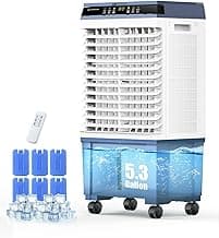 Air Choice Swamp Cooler, 1800 CFM Portable Evaporative Air Cooler with 6 Ice Box & 5.3 Gal Water Tank, 110° Swing, 3 Speeds, Upgraded Remote, 12H Timer, 3-in-1 Air Cooling Fan for Outdoor Indoor, Blue