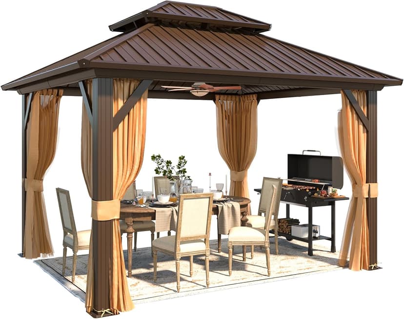 YOLENY 10' x 12' Hardtop Gazebo, Metal Gazebo with Aluminum Frame, Double Galvanized Steel Roof, Curtains and Netting Included, Pergolas for Patios, Garden, Parties, Lawns