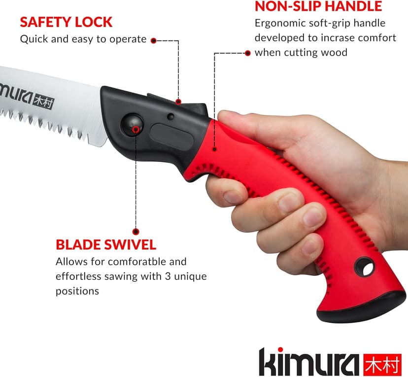 Kimura 7" Pro Folding Pruning Saw - Heavy Duty Japanese SK5 Steel, 180mm Blade, Ergonomic Soft Non-Slip Handle, Lightweight Foldable Saw for Branches, Trimming, Camping, PVC, Hiking, Wood