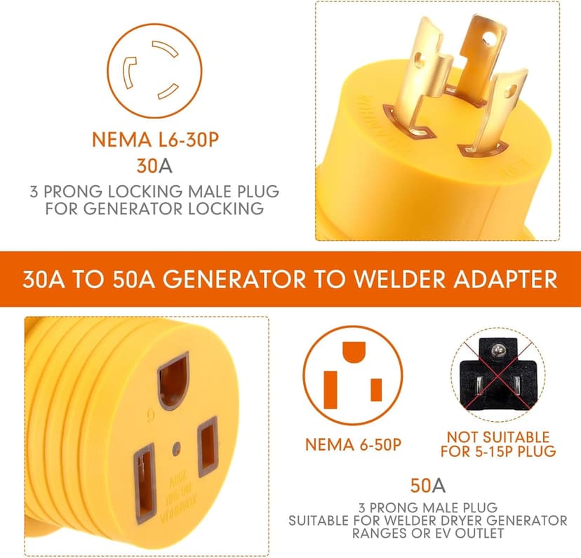 Kanayu Generator Welder Adapter Compatible with Nema L6-30P to 6-50R 3 Prong 30 Amp Locking Male Plug to 50 Amp Female Receptacle Adapter Generator RV EV Charger Power Cord Connector