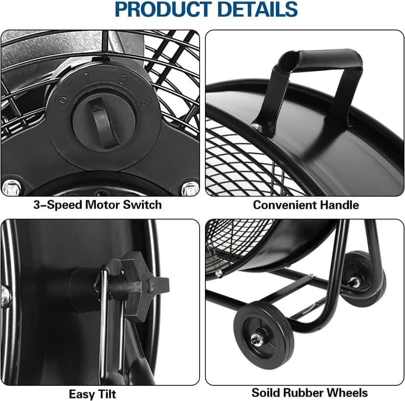 BILT HARD 24" 8100 CFM High Velocity Industrial Drum Fan, 3-Speed Heavy Duty Metal Shop Fan for Warehouse, Workshops, Garage, Factory and Basement - UL Listed