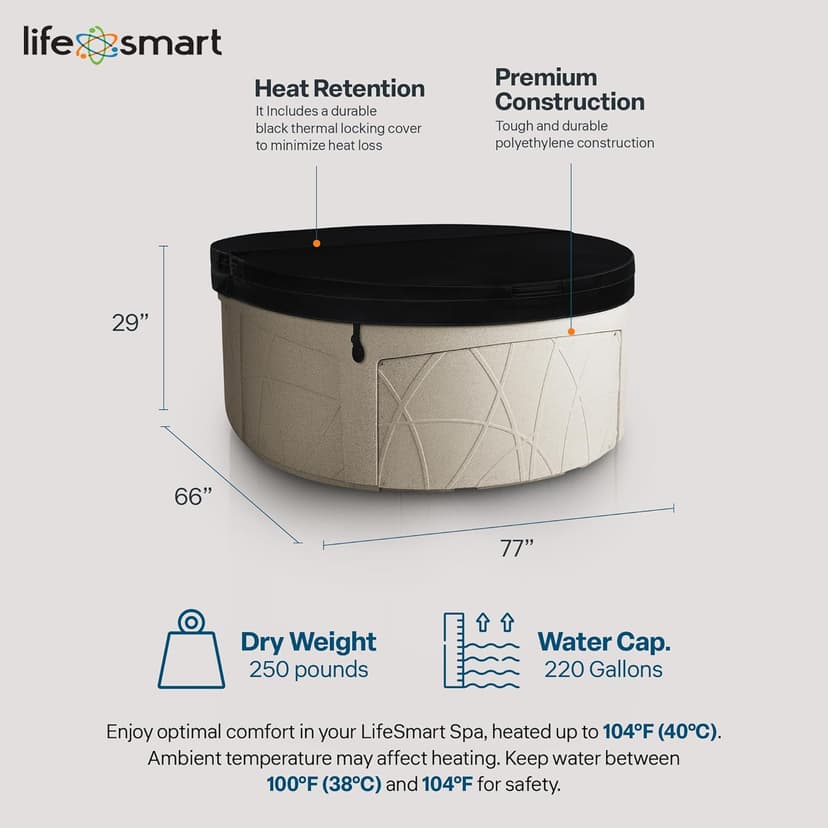 LifeSmart 4-Person Hot Tub, Outdoor Spa with Cover and LED Lights, Circular, Beige - Above-Ground Spa Machine with Accessories for Home and Personal Relaxation
