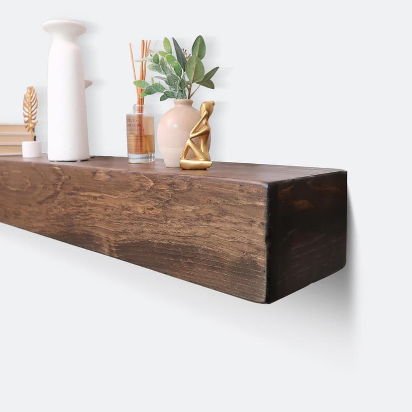 Fireplace Mantel, Rustic, Shelf, Floating Mantle, Real Wood, Beam, URBANDI (Dark Brown, 60Lx6Hx8D)