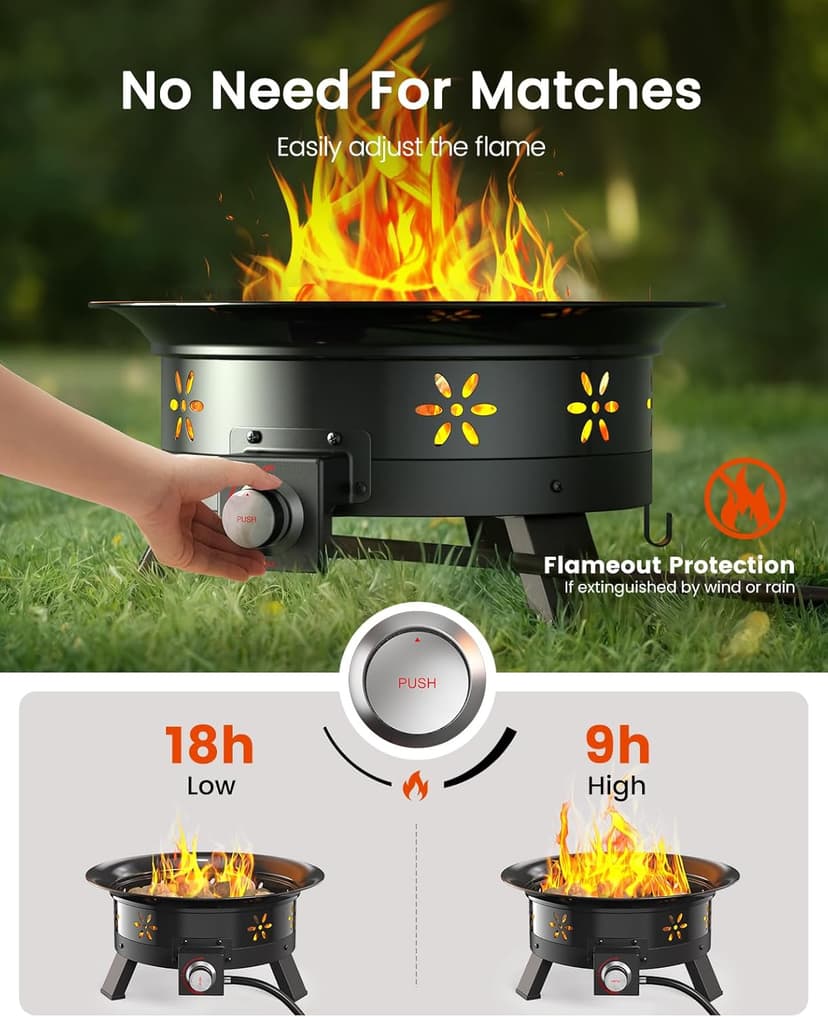 AMADA HOMEFURNISHING 19″ Propane Fire Pit with Grill Grate, 58,000 BTU, Folding Legs, Propane Tank Holder, Cover, and Carry Strap, No Ignition Needed, Easy Flame Adjustment, CSA-Certified, Portable