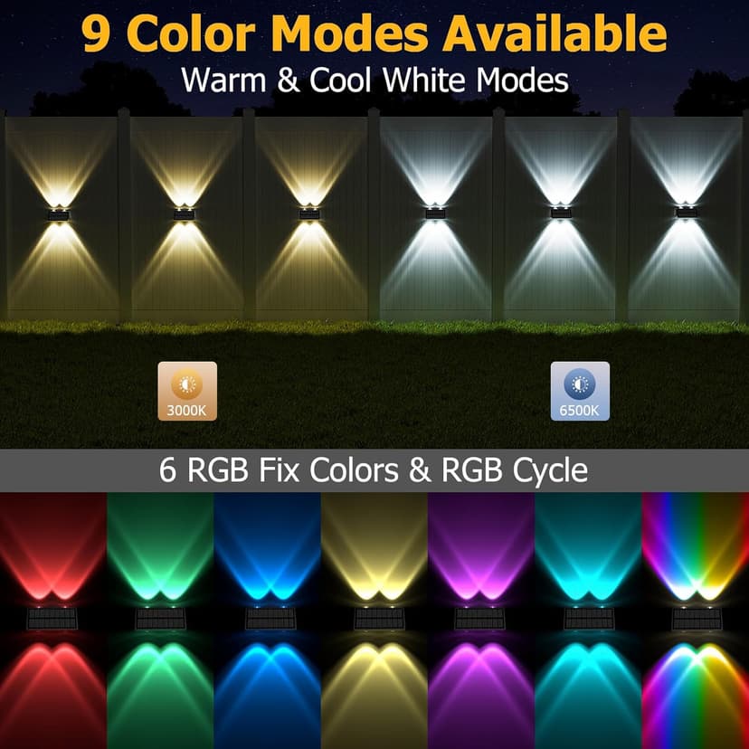 Solar Fence Lights Outdoor, 12 Pack Warm & Cool White RGB LED IP68 Waterproof Wall Mount Sconce Up & Down Solar Lights for Outside Garden Patio Backyard Garage Step（Black