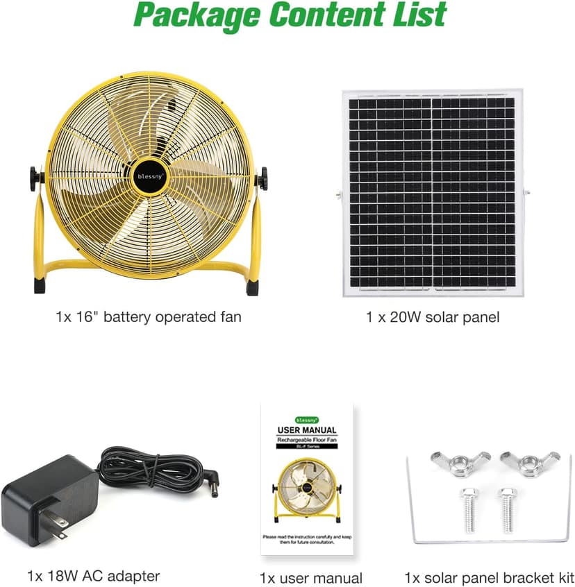16" Large Solar Rechargeable Floor Fan, 15600 mAh 20W Solar Powered Portable Battery Fan for Home Outdoor Camping Gazebo Chicken Coop Greenhouse Barn, with 360° Adjust Tilt