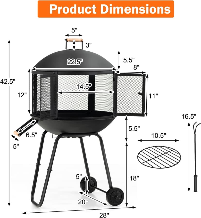 Giantex 28" Portable Fire Pit on Wheels, Outdoor Mobile Wood Burning Firepit w/Log Grate, Fire Poker, Heavy-Duty Steel Frame & Solid Metal Top, 2-Door Gate, Rolling Fire Pits for Entertaining Camping