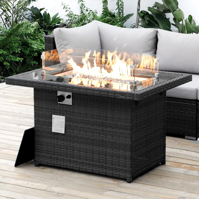 NICESOUL Wicker Propane Fire Pit Table, 60000 BTU Large Natural Gas Firepit Tables, 43'' Rectangle CSA Fireplaces for Deck Backyard, Fire Table with Windguard&Glass Rocks&Cover, Gray