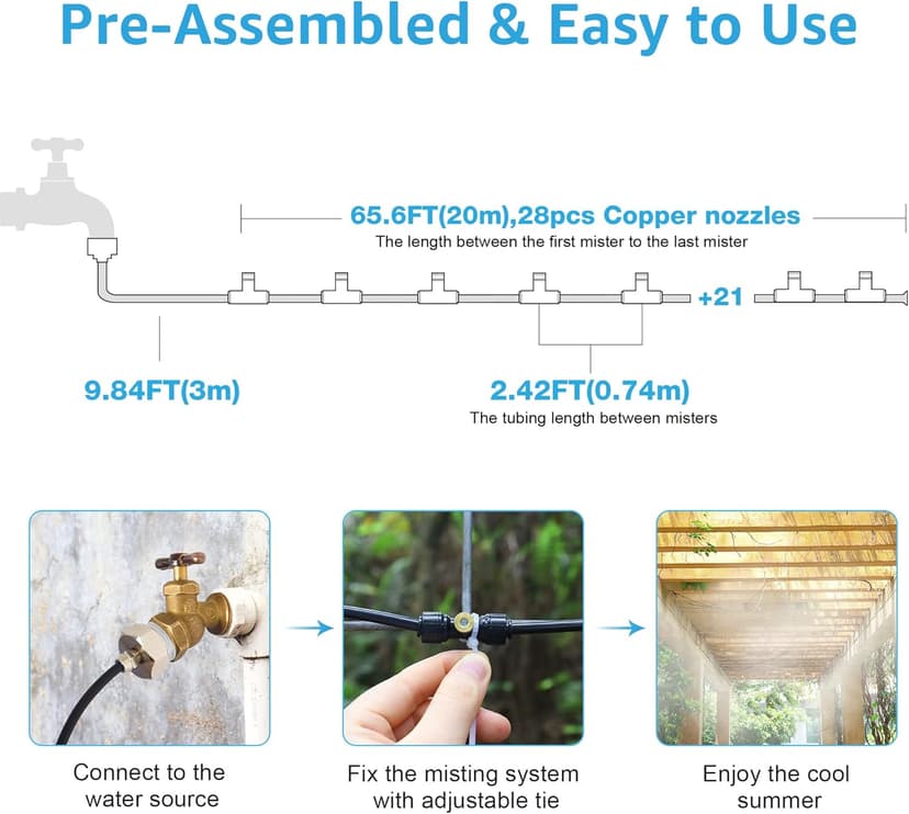 Bonviee Misters for Outside Patio, 75FT (23M) Patio Misting System, Outdoor Misters for Patio Cooling, 28 Brass Mist Nozzles, 3/4" Adapter, DIY Water Misters for Cooling Outdoor Garden Greenhouse