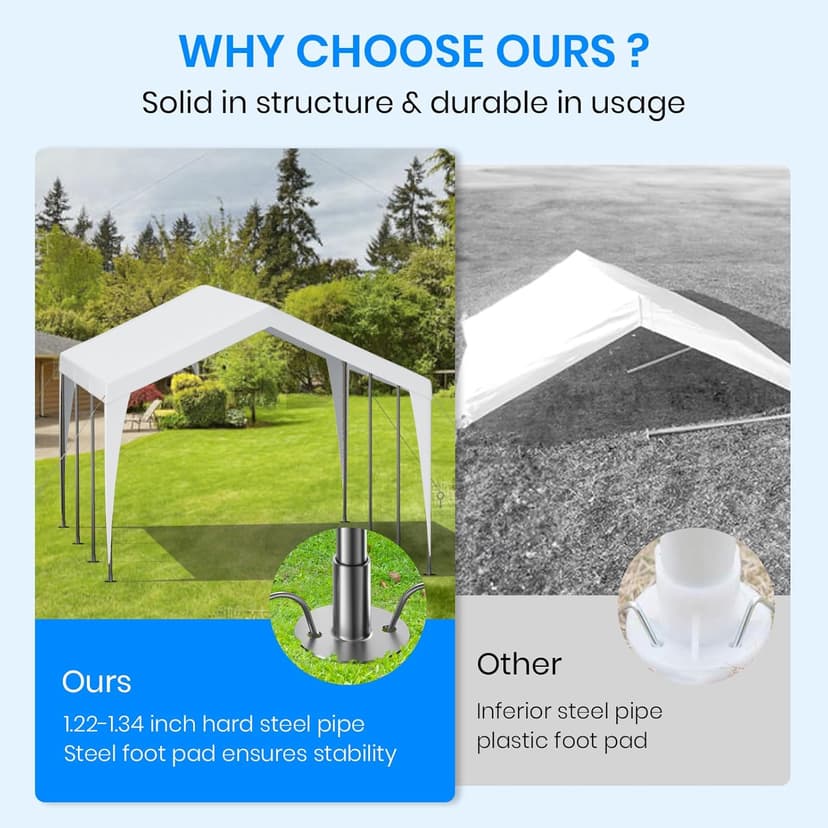 Carport 10x20 Heavy Duty Portable Garage,Galvanized Frame Carport Canopy,Portable Garages and Shelters with 8 Leg&4 Wind Rope,Car Tent Garage with All-Season Tarp for Boat Truck Bike,Without Sidewall