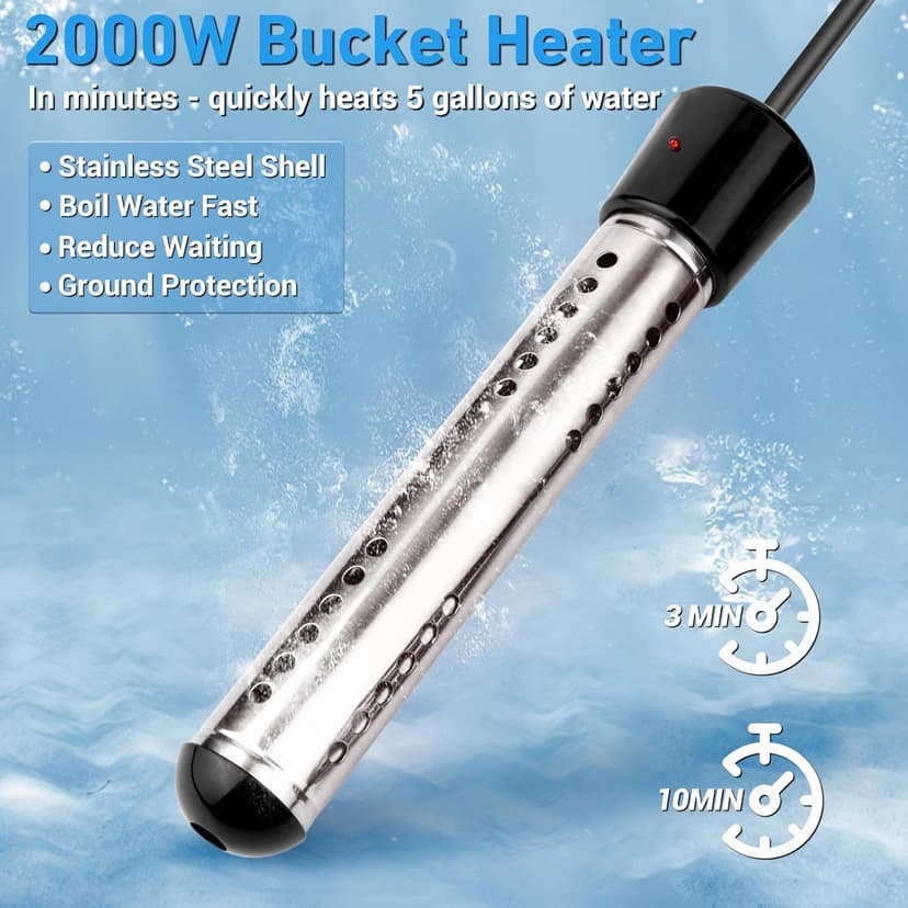 Immersion Water Heater Electric, 2000W Portable Hot Water Heater with 304 S S Guard & LCD Thermometer, Submersible Water Heater Heats up 5 Gallons of Water in Minutes for Bucket Bathtub Small Pool