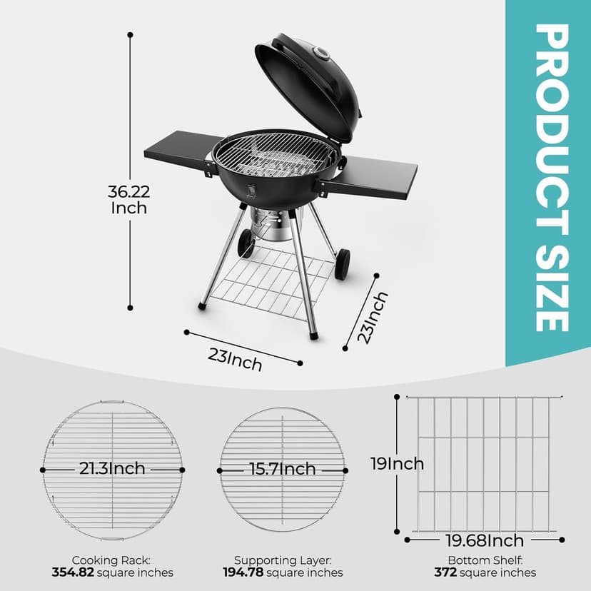 22 Inch Charcoal Grill with 2 Foldable Side Tables,Charcoal Kettle Grills with Wheels,Outdoor bbq Grill,Portable Charcoal Grill for Camping,Party,Backyard (Black)