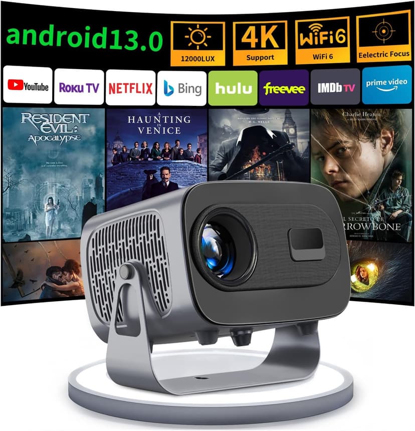 【Auto Focus by Remote】Smart Mini Projector for home cinema,Freely-rotating Auto Keystone Full HD Projector 4K Supported Android13.0 Projector with Netflix,20000+ APP with outdoor Portable