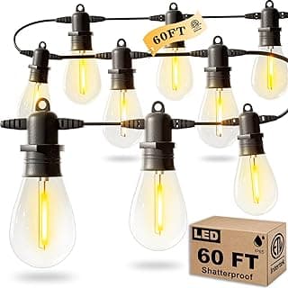 60FT LED Outdoor String Lights with 16+1 Edison Shatterproof IP65 Waterproof Bulbs, 2700K Dimmable Commercial Grade Patio Lights for Garden, Porch, Deck Decor