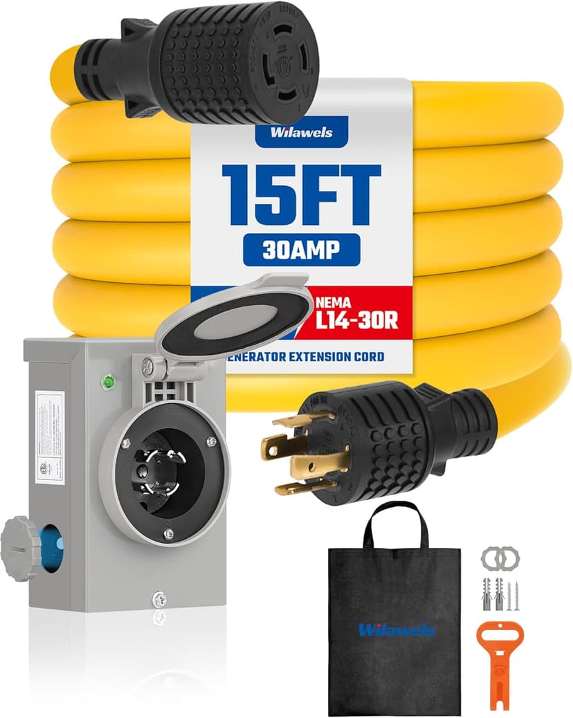 30 Amp Generator Cord and Pre-drilled Power Inlet Box Kit, NEMA L14-30P to L14-30R, 15FT 4 Prong 10 Gauge STW Wire with Twist Lock Connector, L14-30P Inlet Box for Generator to House, ETL Listed