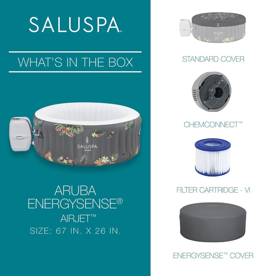 Bestway SaluSpa Aruba AirJet Large Round 2 to 3 Person Inflatable Hot Tub Portable Outdoor Spa with 110 AirJets and EnergySense Cover, Grey