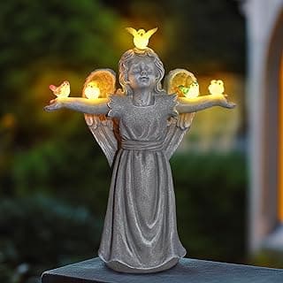 MININOVA Solar Angel Garden Statue with Birds Outdoor Solar Light Decorations Resin for Yard Patio Porch Balcony Housewarming Birthday Gifts for Women