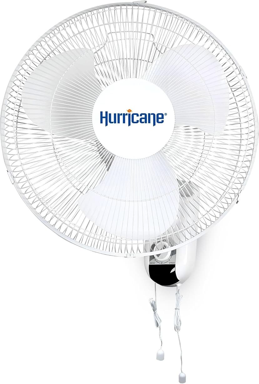 Hurricane Classic Oscillating Wall Mount Fan w/ 3 Quite Speeds, White, 16" - Corded Electric Air Cooling Unit w/Easy Pull Cord Controls for Home, Grow Tents, Offices, Sheds, Studios, Garages & Dorms