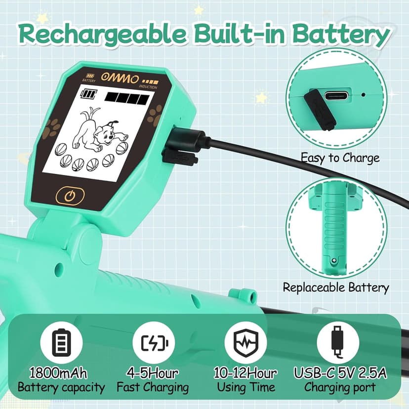 OMMO Metal Detector, Rechargeable Built-in Battery Kids Metal Detector with Funny LCD Display, Adjustable Metal Detectors for Kids with IP67 Waterproof 6.5” Search Coil for Exploring Outdoor