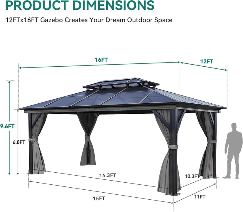 YITAHOME 12x16FT Gazebo Polycarbonate Top Double Roof Canopy Outdoor with Netting and Shaded Curtains, Aluminum Frame Hardtop Garden Tent for Patio, Backyard, Deck and Lawns, Grey