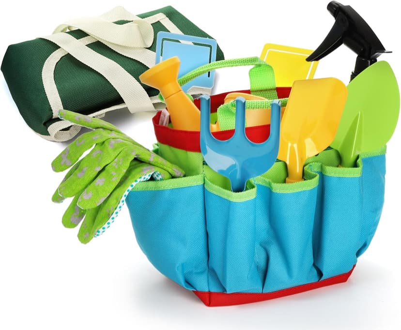 9PCS Kids Garden Tools Set,Boys Girls Gardening Kit Tools Including Watering Can, Spray Bottle, Tote Bag, Apron, Trowel, Rake, Outdoor Garden Toy Gift for Beach