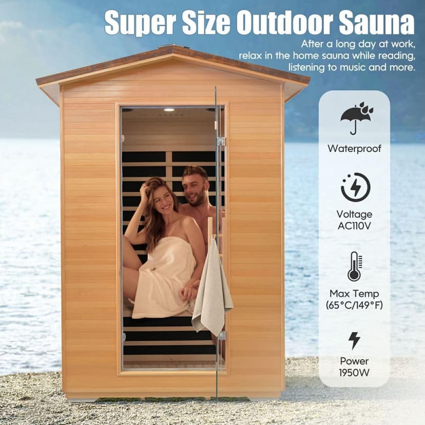 Outdoor Sauna 2 Person Far Infrared Saunas Dry Home Sauna Room Hemlock 1 to 2 Person Wood Sauna 1950W/110V Low EMF with Bluetooth Speaker, Reading Light, Cup Holder and Towel Rack - 47*39*82 IN