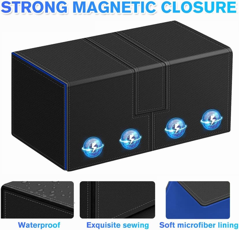 Card Deck Case for Trading Cards, Deck Storage Box for 200 Single Sleeved Cards Large Twin Flip Deck Case with 1 Storage Dice & 2 Trays Fits EDH/YuGiOh/MTG/TCG/CCG (Small-Black&Blue)