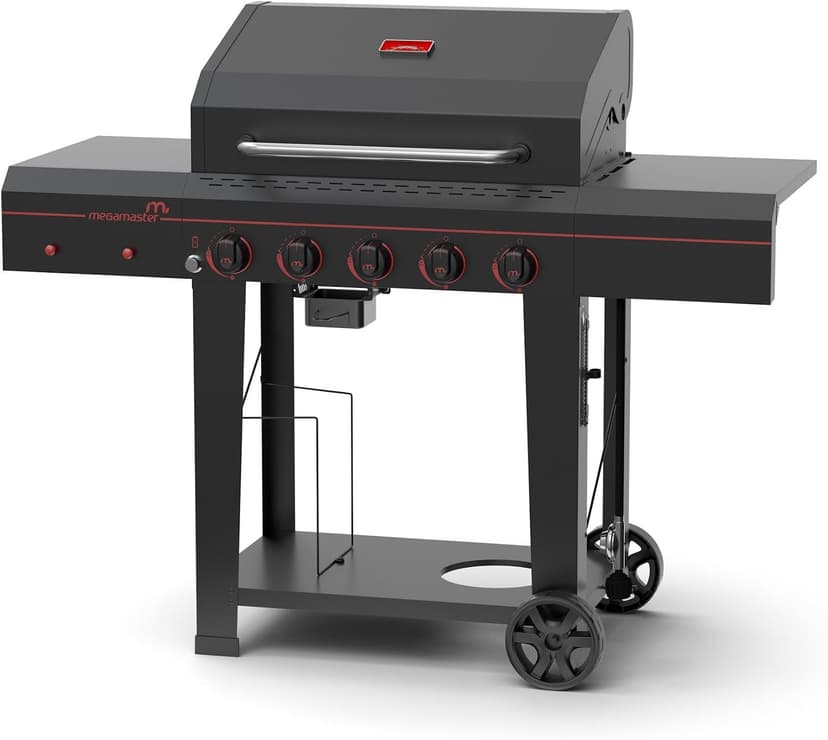 720-0982 5 Burner Propane Barbecue Gas Grill, Side Shelves with Hooks, for Outdoor Cooking, Patio, Garden Barbecue Grill, 50000 BTUs, Open Chart, Black