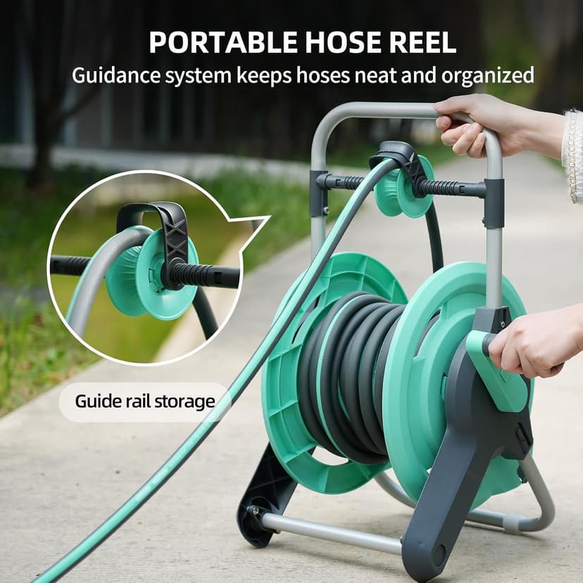 Portable Garden Hose Reel Cart, Hold Up to 50-75 Ft Hose, Wall Mounted Water Hose Reel, Mobile Garden Hose Holder Tools With Built-In Guide, for Outside Car Washing, Watering