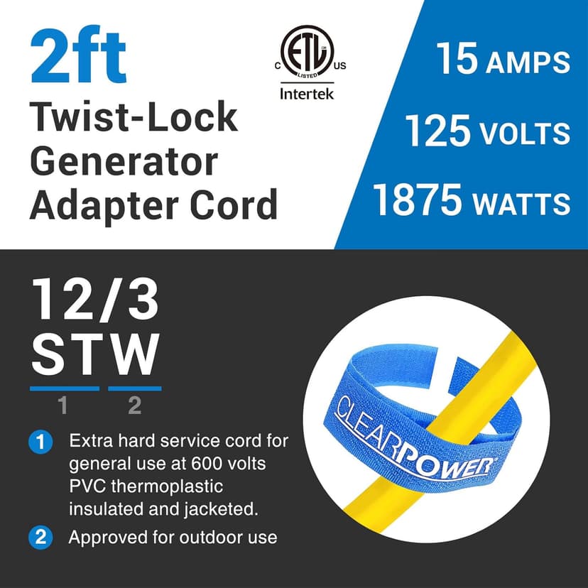 Clear Power 2ft (Short) 3 Outlet Extra Heavy Duty Extension Cord Adapter, 12/3 20Amp Twist-to-Lock Plug to U-Ground Connector, Water & Weather Resistant, Flame Retardant, Yellow, DCAC-0062-DC