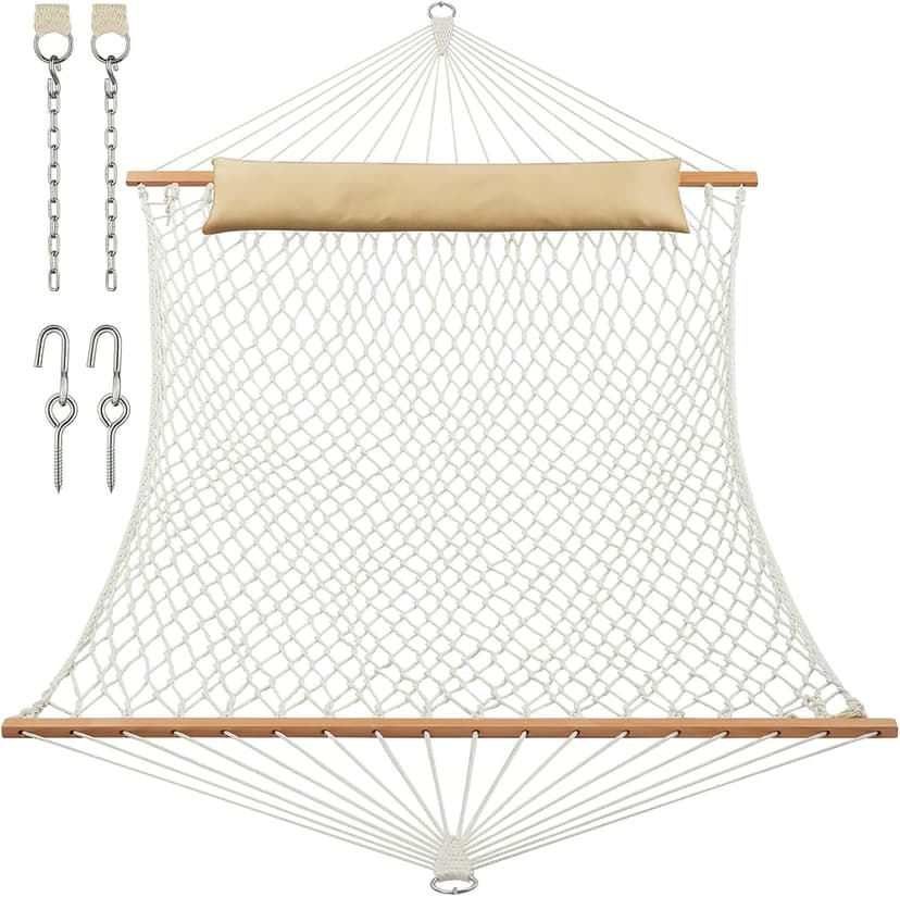 JoyView Traditional Rope Double Hammock - Hand Woven Cotton Hammock with Hardwood Spreader Bar and Pillow 450lb Capacity for Outdoor Indoor Patio Yard - Natural