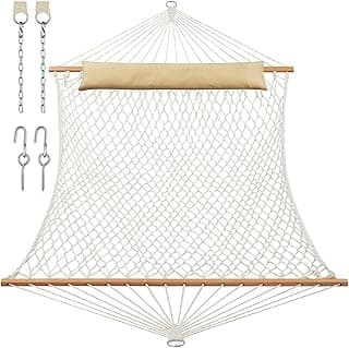 JoyView Traditional Rope Double Hammock - Hand Woven Cotton Hammock with Hardwood Spreader Bar and Pillow 450lb Capacity for Outdoor Indoor Patio Yard - Natural