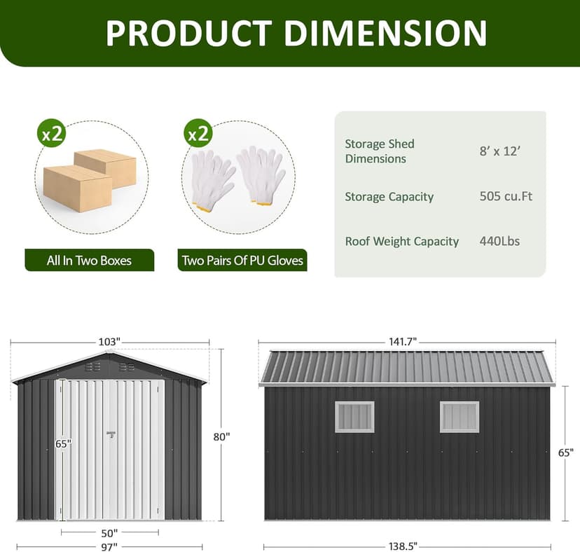 8x12 FT Outdoor Storage Shed, Metal Garden Tool Shed with Updated Frame Structure, Lockable Doors and Windows, Ideal for Backyard Garden Patio Lawn, Grey