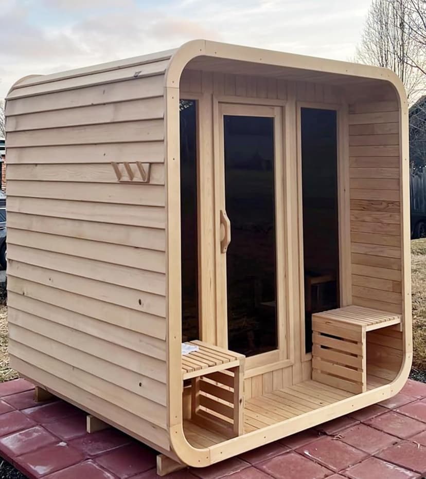 Customize Luxury Outdoor Sauna 6-10 Person, Canadian Hemlock, Red Cedar Sauna, Porch Option, Glass Window Option, Wood Burning Stove or Harvia Heater with Rocks, Extra Large Backyard Saunas (0-195 °F)