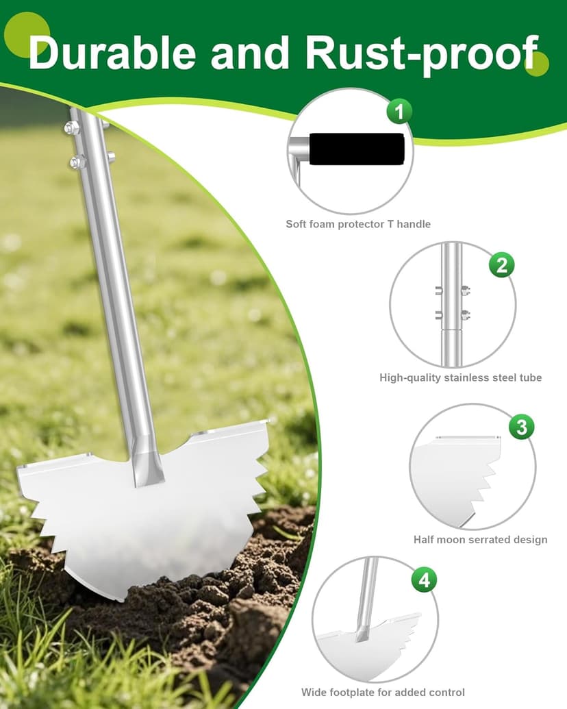 Serrated Edger Lawn Tool - Half Moon Shovel with Softer T-Handle, Lawn Edger for Yard, Garden, Landscaping, Sidewalk, Cable Burial - Ergonomic Design, Rust-Proof, 38 in.