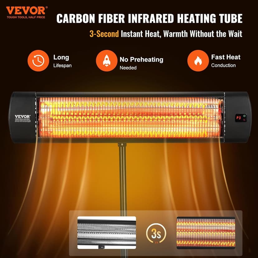 VEVOR Infrared Heater, 1500W Remote Control Electric Space Heater, LED Screen Patio Heater w/ 3 Speeds & Timer, Outdoor/Outdoor for Porch,Dining Room,Studio, with Stand & Mount to Ceiling/Wall,34in L