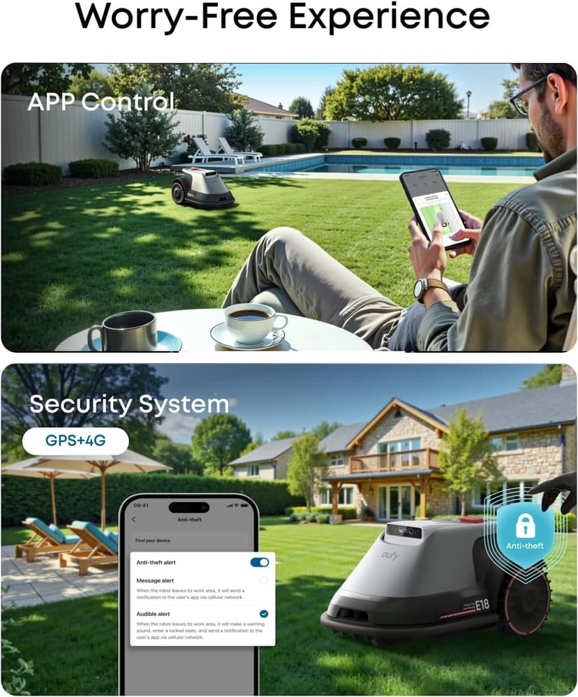 eufy Robot Lawn Mower E18, No Wire, No RTK, No Signal Issue, Hands-Free Auto Mapping, Precise Obstacle Avoiding, Reliable Lawn Maintenance, Worry-Free Experience
