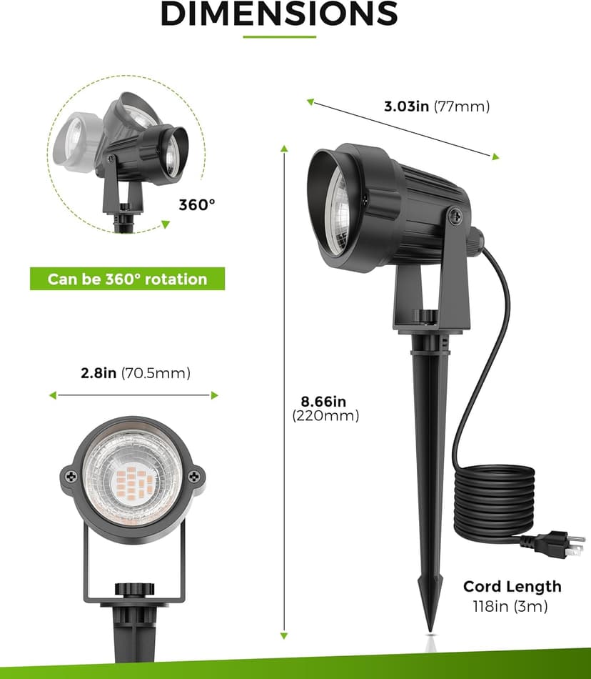 LOHAS Landscape Spot Lights Outdoor, 5W Dusk to Dawn Outdoor Lighting, LED Spotlights for Yard, 120V 450LM Outside Lights for House, 9.84-ft Cord, IP66 Waterproof 3000K, UL Listed 2 Pack