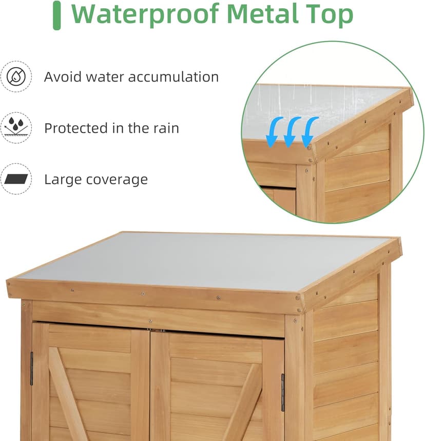 58''x30''x18'' Outdoor Wooden Storage Shed with Metal Top Tall Vertical Tool Cabinet for Backyard Garden Patio Lawn (Gold)