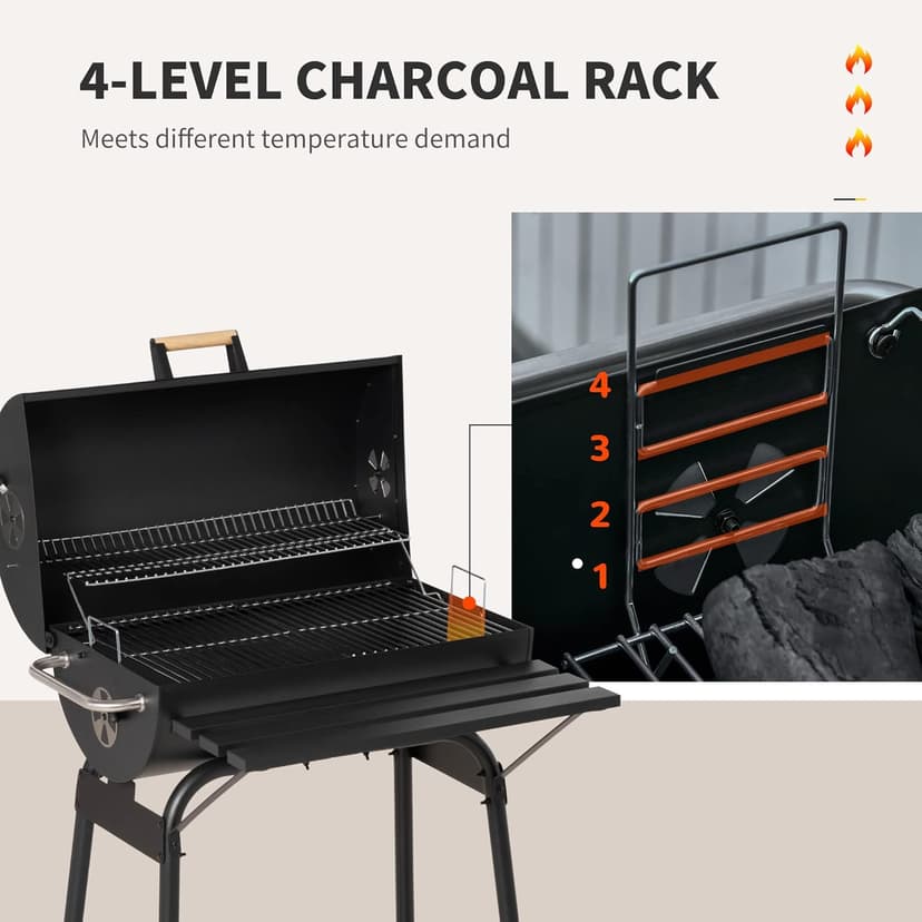 Outsunny 30" Portable Barrel Charcoal BBQ Grill, Steel Outdoor Barbecue Smoker with 370 Square Inches Cooking Space, Storage Shelf, Wheels for Garden Camping Picnic, Black