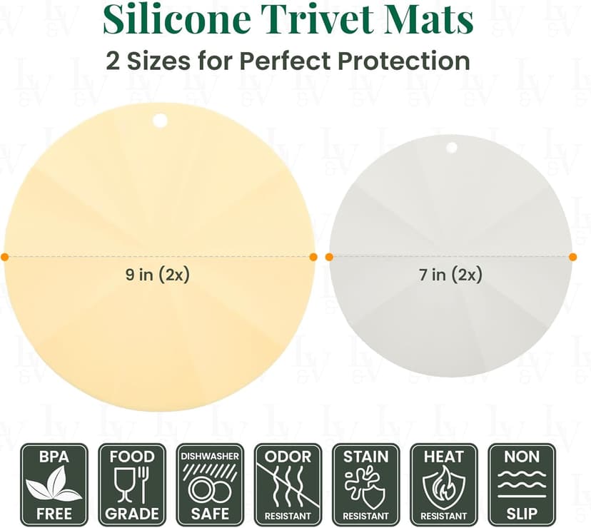 Larder & Vine Silicone Trivets for Hot Pots and Pans | Set of 4 Round Hot Pads for Kitchen | 7” & 9” Trivets for Hot Dishes | Heat-Resistant Silicone Mats for Kitchen Counter | Limoncello/French Gray