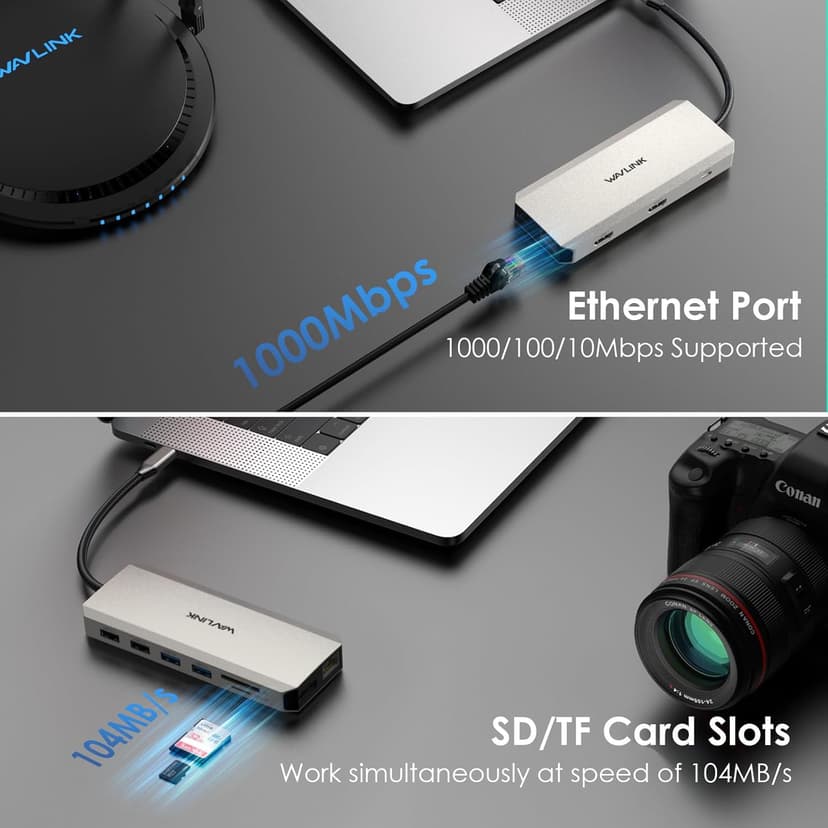 WAVLINK USB C Docking Station - Dual Monitor, Triple Display, 2 HDMI, DisplayPort, PD Charging, Ethernet, 5 USB, SD/TF Card Reader, Audio for MacBook, Dell, HP, Lenovo, Surface